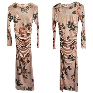 NWT Mesh Floral Maxi Dress Lined Stretchy Bodycon Romantic Tan Brown Size XL